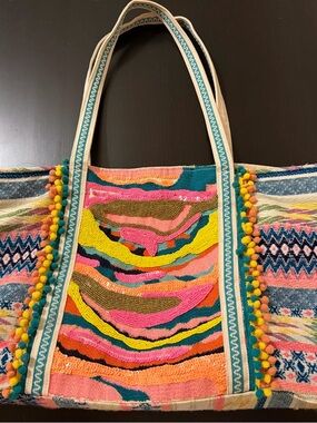 America&Beyond Boho Multi-Color Embroidered Tote Bag